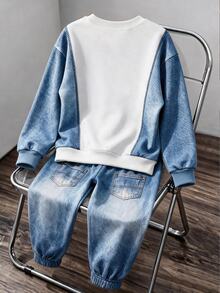 Een Boys 13-16Y Streetwear Colorblock Non-Denim Faux Denim Look California Print Sweatshirt & Distressed Ripped Joggers 2Pcs Outfit Set - Multicolor - View 5