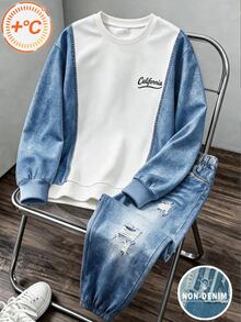 Een Boys 13-16Y Streetwear Colorblock Non-Denim Faux Denim Look California Print Sweatshirt & Distressed Ripped Joggers 2Pcs Outfit Set - Multicolor - View 4