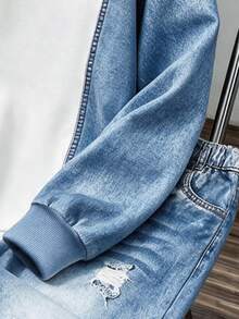 Een Boys 13-16Y Streetwear Colorblock Non-Denim Faux Denim Look California Print Sweatshirt & Distressed Ripped Joggers 2Pcs Outfit Set - Multicolor - View 8