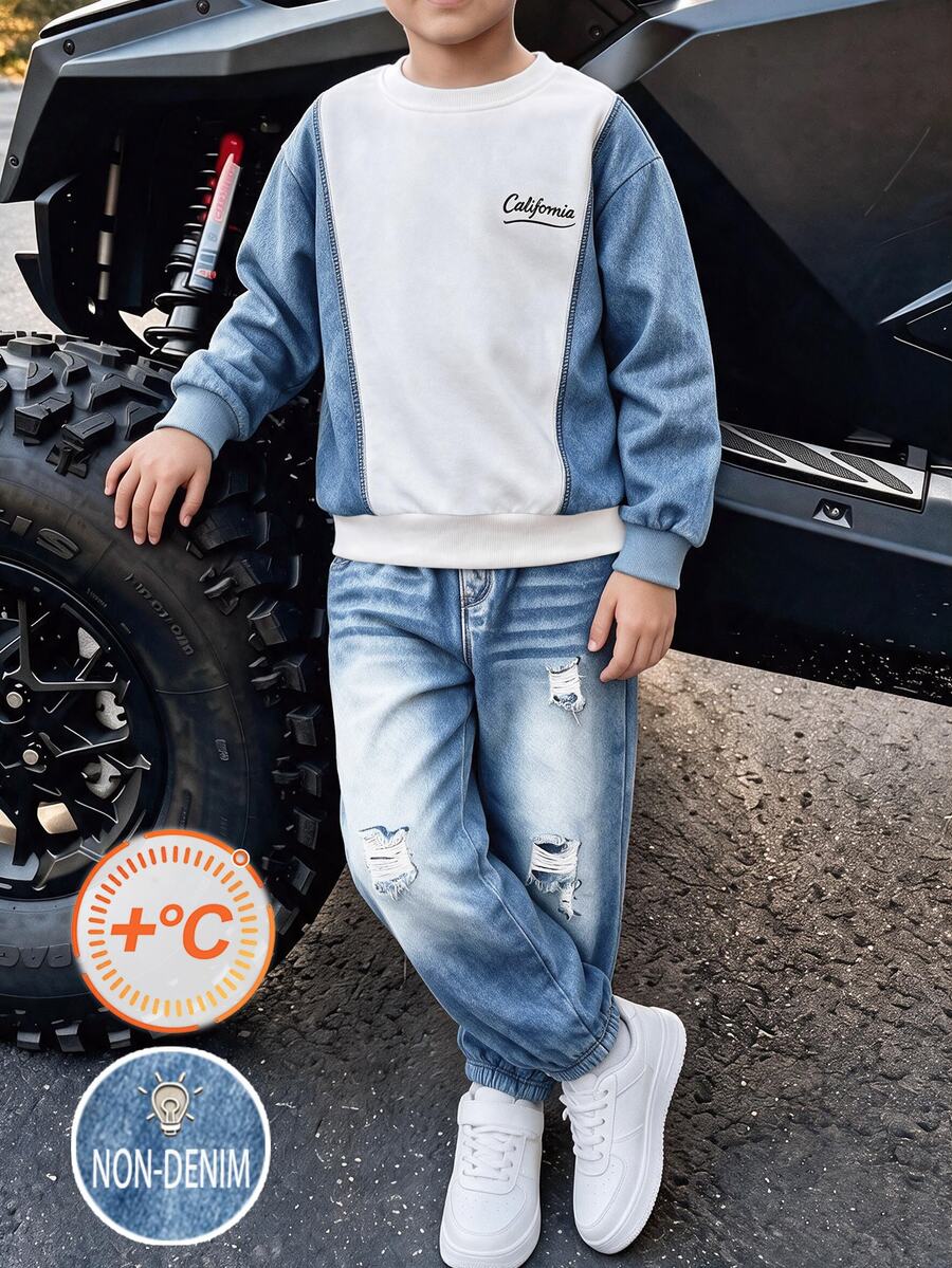Een Boys 13-16Y Streetwear Colorblock Non-Denim Faux Denim Look California Print Sweatshirt & Distressed Ripped Joggers 2Pcs Outfit Set - Multicolor - View 1