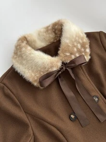 Elamini 1pc Borg Collar Double Breasted Overcoat - Brown - View 6