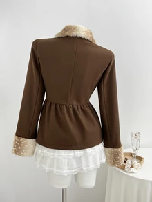 Elamini 1pc Borg Collar Double Breasted Overcoat - Brown - View 3