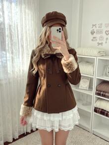 Elamini 1pc Borg Collar Double Breasted Overcoat - Brown - View 2