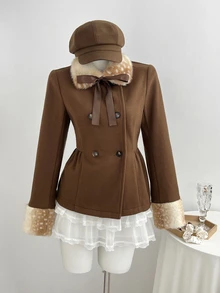 Elamini 1pc Borg Collar Double Breasted Overcoat - Brown - View 4
