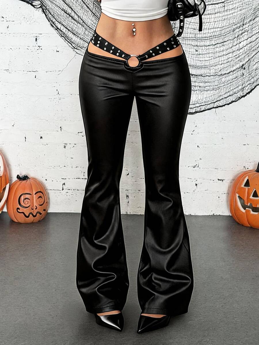 Jeanoix Women's Casual Versatile Daily Travel Long Pants With Pockets, Buttons And Studs Decoration - Black - View 1