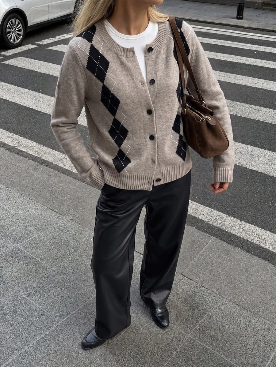 Airaco Women's Casual Collegiate Rhombus Plaid Pattern Button-Up Cardigan, Autumn/Winter Tweed - Khaki - View 1