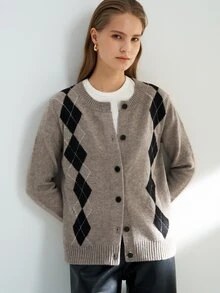 Airaco Women's Casual Collegiate Rhombus Plaid Pattern Button-Up Cardigan, Autumn/Winter Tweed - Khaki - View 7