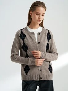 Airaco Women's Casual Collegiate Rhombus Plaid Pattern Button-Up Cardigan, Autumn/Winter Tweed - Khaki - View 9
