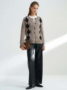 Airaco Women's Casual Collegiate Rhombus Plaid Pattern Button-Up Cardigan, Autumn/Winter Tweed - Khaki - View 4