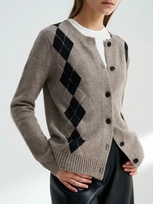 Airaco Women's Casual Collegiate Rhombus Plaid Pattern Button-Up Cardigan, Autumn/Winter Tweed - Khaki - View 6