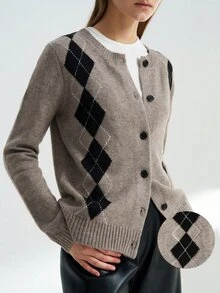 Airaco Women's Casual Collegiate Rhombus Plaid Pattern Button-Up Cardigan, Autumn/Winter Tweed - Khaki - View 3