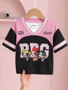 THE POWERPUFF GIRLS X SHEIN 女嬰字母卡通印花休閒日常短袖上衣 - 黑色 - 查看 3