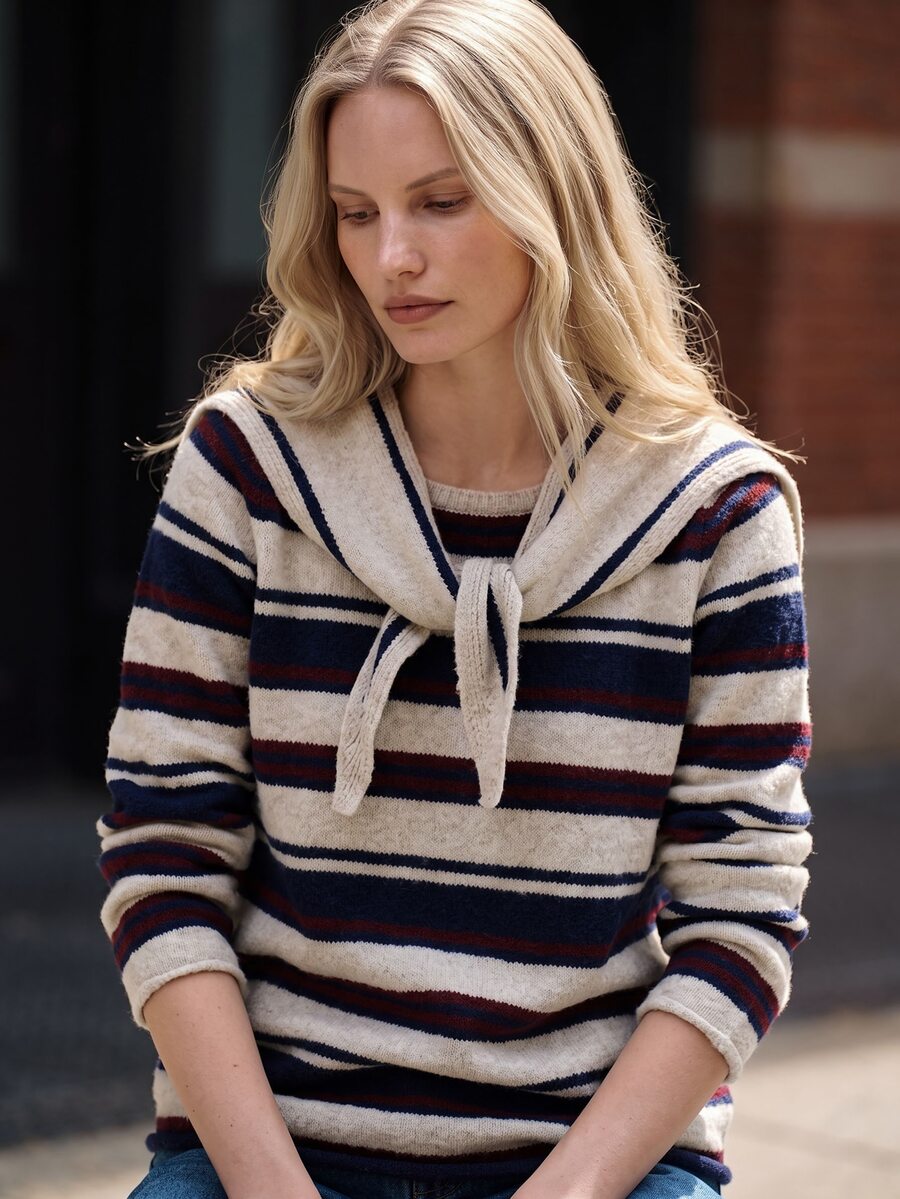 Airaco Women's Casual Loose Striped Turtleneck Sweater, Autumn/Winter - Light Grey - View 1