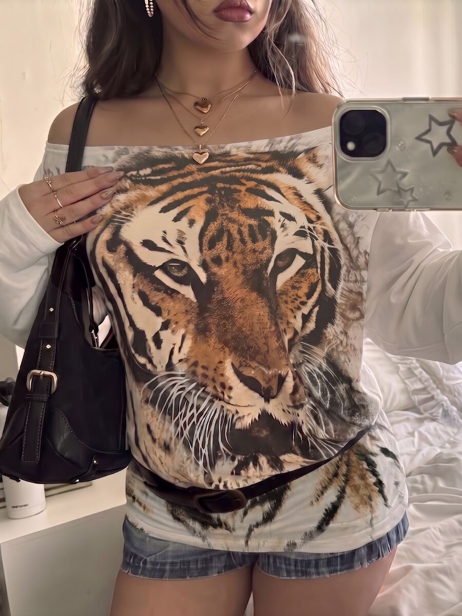 SHEIN Women's Casual Off-Shoulder Bengal Tiger Print Street Style Loose T-Shirt, Animal Print, 2000s, Y2K - Multicolor - View 1