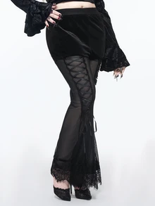 ROMWE Goth Celana Flare Seksi Jala Renda Transparan untuk Wanita Ukuran Plus - Hitam - View 6