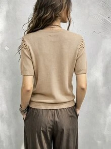 SHEIN Franclia 女款素色鏤空V領短袖針織上衣 - 杏色 - 查看 2
