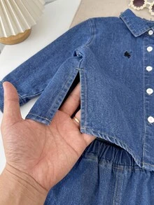Young Girl Girls' 2pcs Set Deep Blue Denim Loose Long Sleeve Shirt With Horse Rider Embroidered Pattern And Long Pants Back To School - Blue - View 8