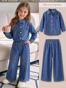 Young Girl Girls' 2pcs Set Deep Blue Denim Loose Long Sleeve Shirt With Horse Rider Embroidered Pattern And Long Pants Back To School - Blue - View 2
