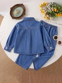 Young Girl Girls' 2pcs Set Deep Blue Denim Loose Long Sleeve Shirt With Horse Rider Embroidered Pattern And Long Pants Back To School - Blue - View 3