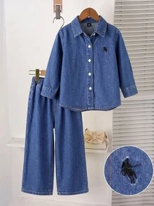 Young Girl Girls' 2pcs Set Deep Blue Denim Loose Long Sleeve Shirt With Horse Rider Embroidered Pattern And Long Pants Back To School - Blue - View 6