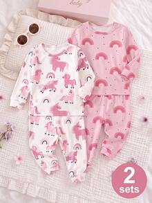 SHEIN 女嬰可愛卡通圖案長袖修身家居服套裝 4 件組 - 粉色 - 查看 1