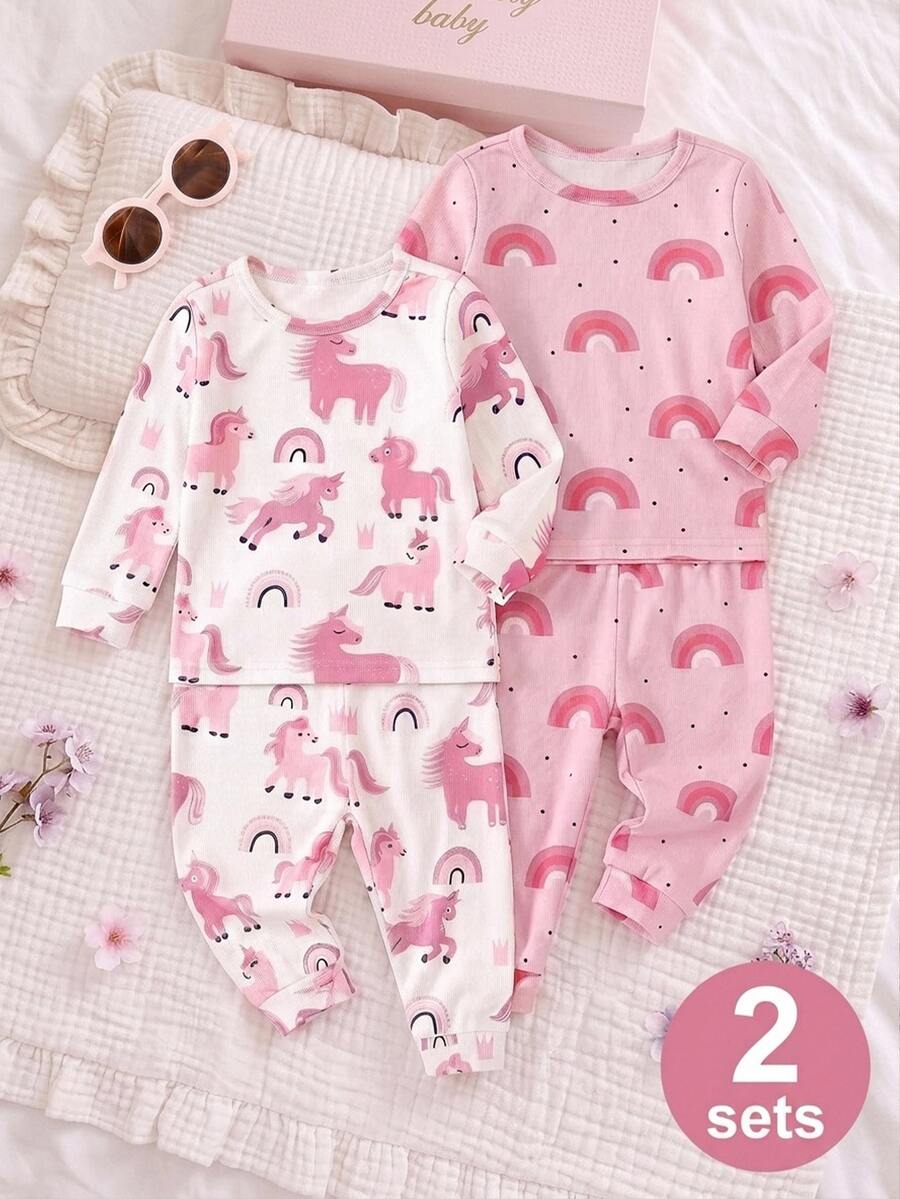 SHEIN 女嬰可愛卡通圖案長袖修身家居服套裝 4 件組 - 粉色 - 查看 1