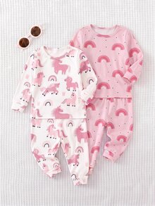 SHEIN 女嬰可愛卡通圖案長袖修身家居服套裝 4 件組 - 粉色 - 查看 5