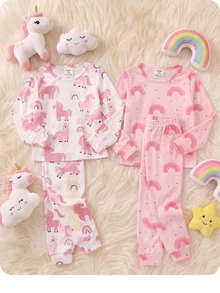 SHEIN 女嬰可愛卡通圖案長袖修身家居服套裝 4 件組 - 粉色 - 查看 6