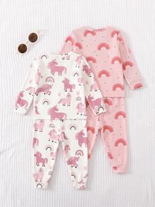 SHEIN 女嬰可愛卡通圖案長袖修身家居服套裝 4 件組 - 粉色 - 查看 7