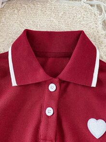 SHEIN 幼女秋季紅色聖誕波羅上衣與百褶裙套裝，酒紅色棉混紡柔軟透氣長袖套裝，適合上學、旅行等多種場合 - 彩色 - 查看 6