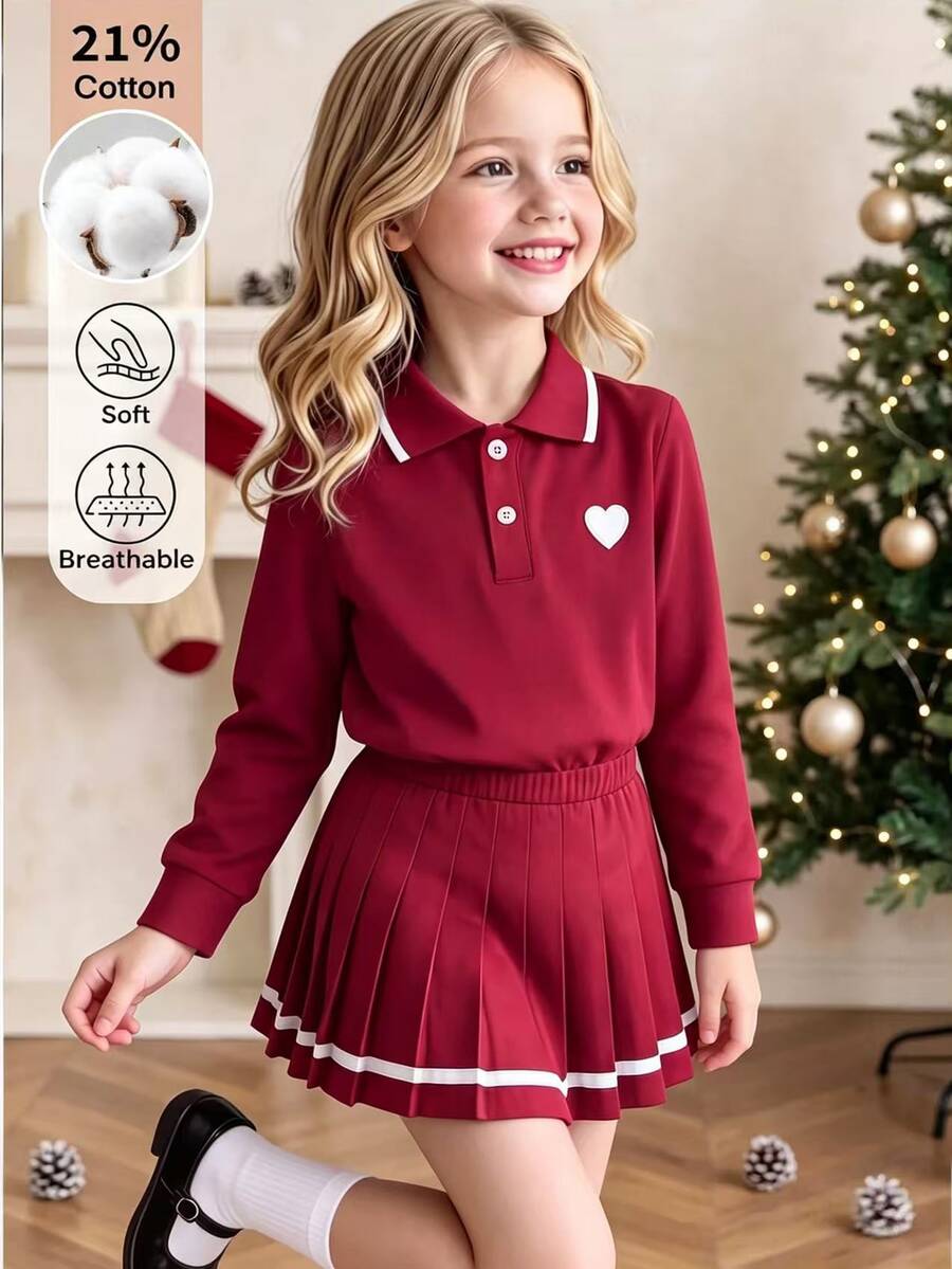 SHEIN 幼女秋季紅色聖誕波羅上衣與百褶裙套裝，酒紅色棉混紡柔軟透氣長袖套裝，適合上學、旅行等多種場合