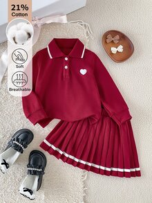 SHEIN 幼女秋季紅色聖誕波羅上衣與百褶裙套裝，酒紅色棉混紡柔軟透氣長袖套裝，適合上學、旅行等多種場合 - 彩色 - 查看 4