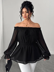 Elenzga Plus Size Women's Cold Shoulder Chiffon Ruffle Bell Sleeve Blouse Autumn Date Night Brunch Formal Party Black Sexy Elegant Halloween - Black - View 6