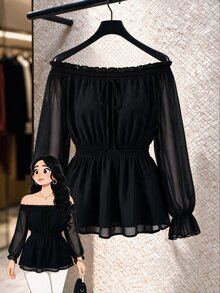 Elenzga Plus Size Women's Cold Shoulder Chiffon Ruffle Bell Sleeve Blouse Autumn Date Night Brunch Formal Party Black Sexy Elegant Halloween - Black - View 1