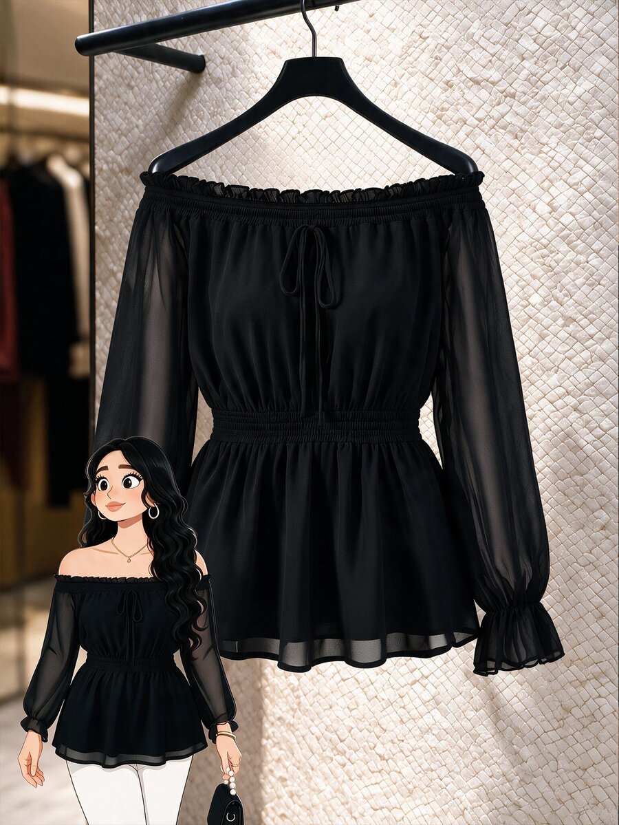Elenzga Plus Size Women's Cold Shoulder Chiffon Ruffle Bell Sleeve Blouse Autumn Date Night Brunch Formal Party Black Sexy Elegant Halloween - Black - View 1