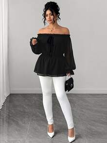 Elenzga Plus Size Women's Cold Shoulder Chiffon Ruffle Bell Sleeve Blouse Autumn Date Night Brunch Formal Party Black Sexy Elegant Halloween - Black - View 5