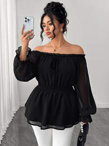 Elenzga Plus Size Women's Cold Shoulder Chiffon Ruffle Bell Sleeve Blouse Autumn Date Night Brunch Formal Party Black Sexy Elegant Halloween - Black - View 7