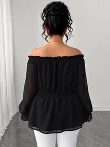 Elenzga Plus Size Women's Cold Shoulder Chiffon Ruffle Bell Sleeve Blouse Autumn Date Night Brunch Formal Party Black Sexy Elegant Halloween - Black - View 2