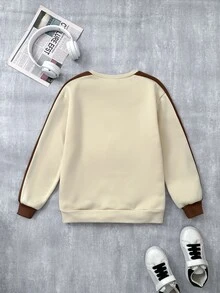 SHEIN Tween Boy Casual Loose Fit Korean Style Crew Neck Colorful Striped Letter Graphic Print Sweatshirt, Suitable For Commuting, School, Daily Casual Wear, Sports, Autumn/Winter - Apricot - View 4