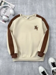 SHEIN Tween Boy Casual Loose Fit Korean Style Crew Neck Colorful Striped Letter Graphic Print Sweatshirt, Suitable For Commuting, School, Daily Casual Wear, Sports, Autumn/Winter - Apricot - View 3