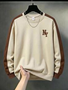 SHEIN Tween Boy Casual Loose Fit Korean Style Crew Neck Colorful Striped Letter Graphic Print Sweatshirt, Suitable For Commuting, School, Daily Casual Wear, Sports, Autumn/Winter - Apricot - View 2