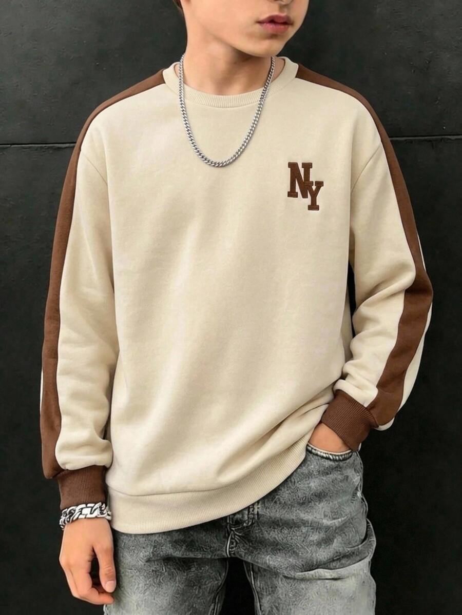 SHEIN Tween Boy Casual Loose Fit Korean Style Crew Neck Colorful Striped Letter Graphic Print Sweatshirt, Suitable For Commuting, School, Daily Casual Wear, Sports, Autumn/Winter - Apricot - View 1