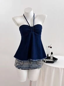 Elamini Women's Frayed Hem Pleated Halter Neck Denim Top - Blue - View 4