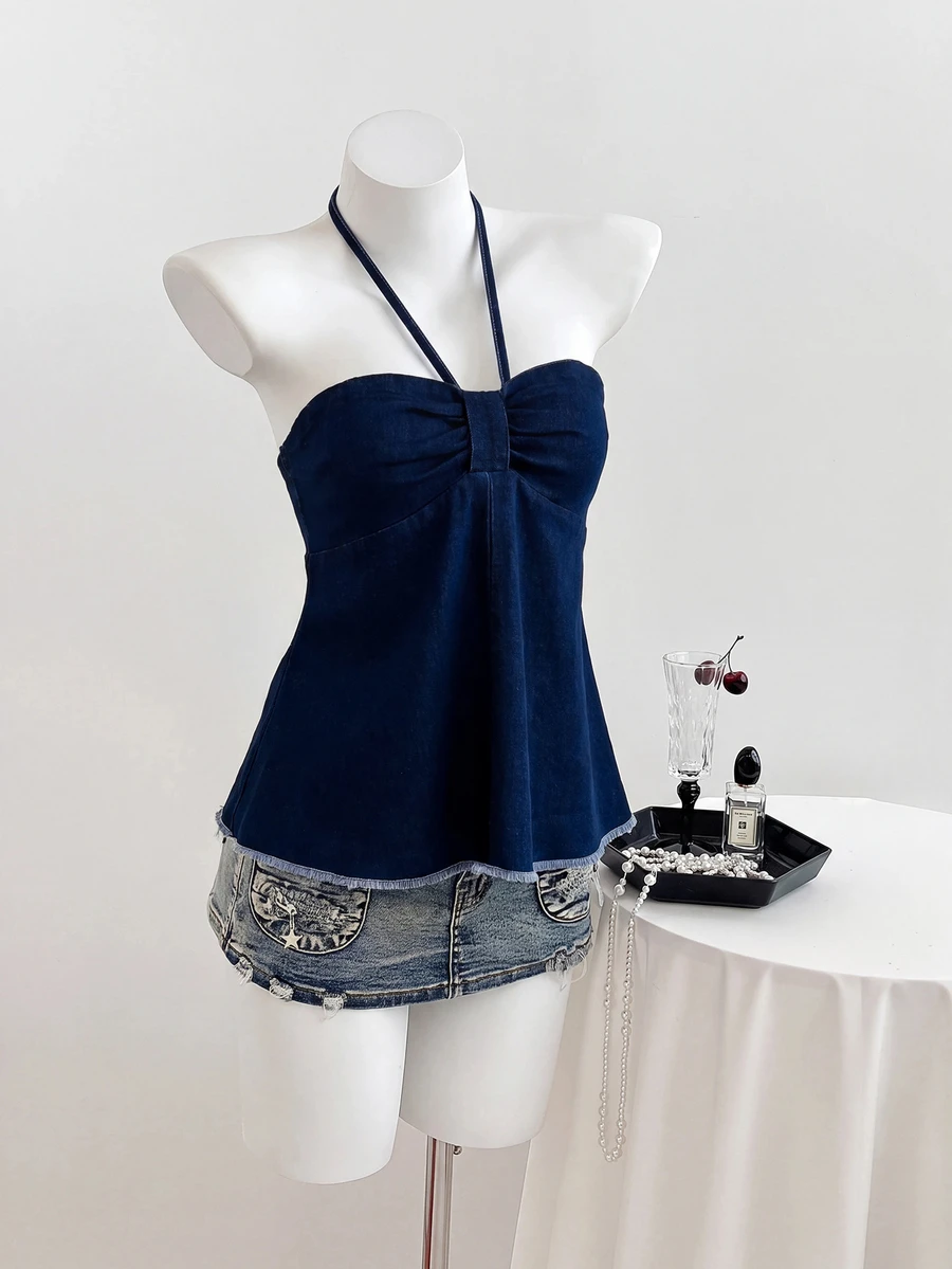 Elamini Women's Frayed Hem Pleated Halter Neck Denim Top - Blue - View 1