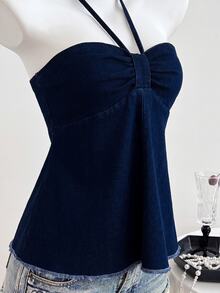 Elamini Women's Frayed Hem Pleated Halter Neck Denim Top - Blue - View 3
