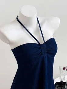 Elamini Women's Frayed Hem Pleated Halter Neck Denim Top - Blue - View 5