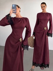 Siren Gaze Women's Solid Color Twist Detail Front Metal Buckle Decor Flare Long Sleeve Dress, Women's Wedding Guest Gown, Women's Winter Evening Dress - Burgundy - View 3