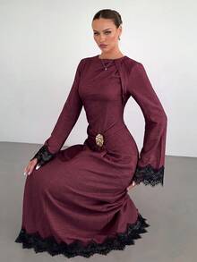 Siren Gaze Women's Solid Color Twist Detail Front Metal Buckle Decor Flare Long Sleeve Dress, Women's Wedding Guest Gown, Women's Winter Evening Dress - Burgundy - View 5