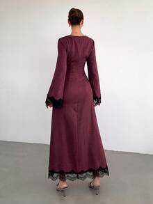 Siren Gaze Women's Solid Color Twist Detail Front Metal Buckle Decor Flare Long Sleeve Dress, Women's Wedding Guest Gown, Women's Winter Evening Dress - Burgundy - View 2