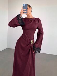 Siren Gaze Women's Solid Color Twist Detail Front Metal Buckle Decor Flare Long Sleeve Dress, Women's Wedding Guest Gown, Women's Winter Evening Dress - Burgundy - View 4